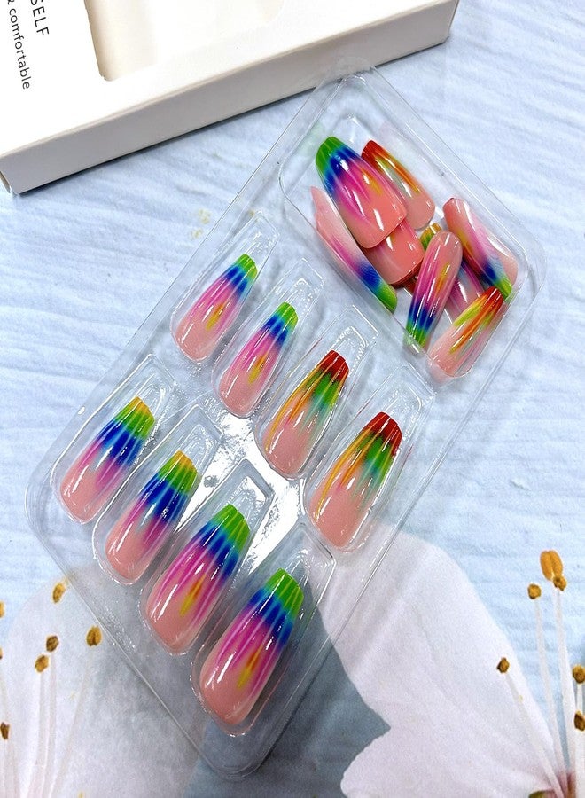 CJDLTS Colorful Stripes Smudge Press on Nails Medium Length Ballet Shaped Full Cover Glossy Nude Pink Acrylic False Nail Ballet Press Ons French Artificial Fingernails DIY Reusable Glue on Nails for Women - Image 3